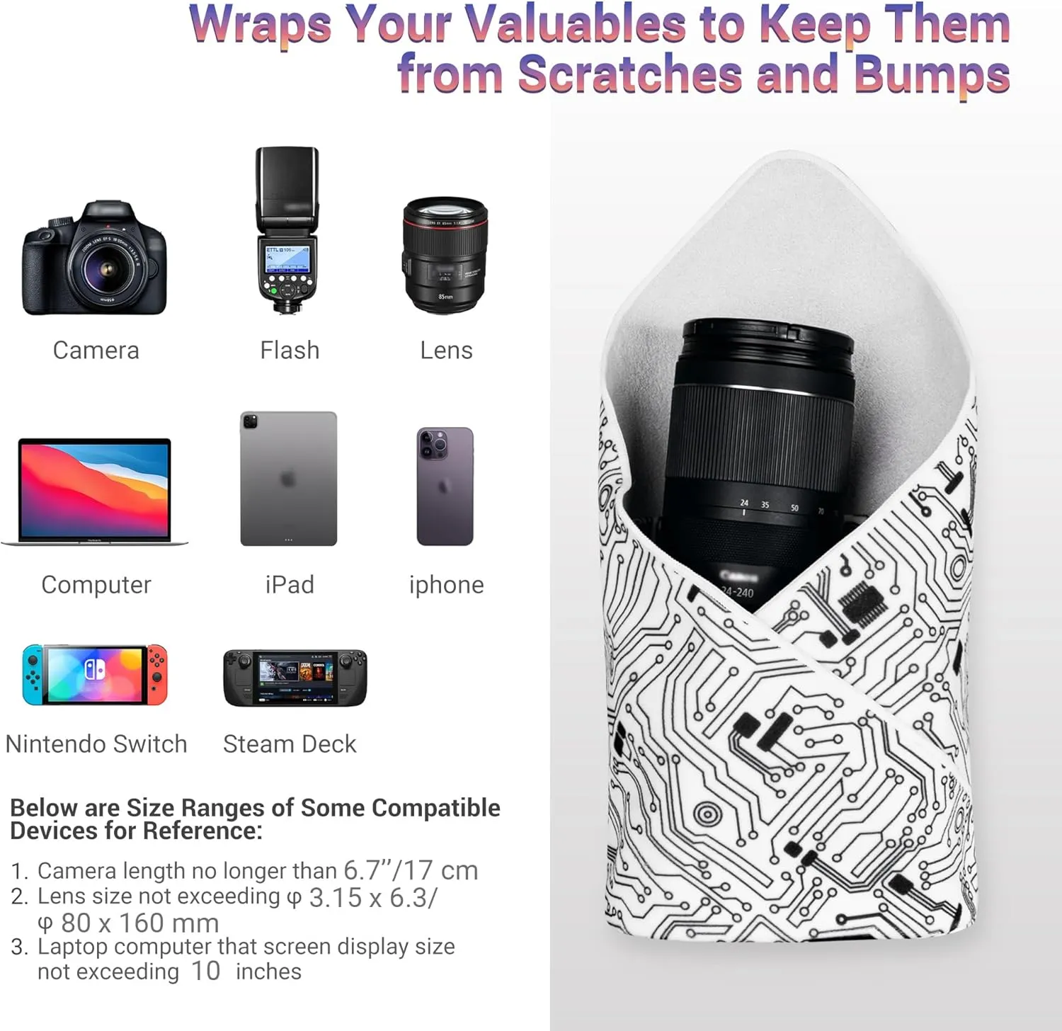 [13.8 * 13.8"] Camera Wrap with Pouch, Lens Protective Wrap,Anti-Scratch Anti-dust, Flexible Wrapper Camera Travel Accessories for DSLR Mirrorless Camera Lens Laptop Smartphone Computer iPad and More