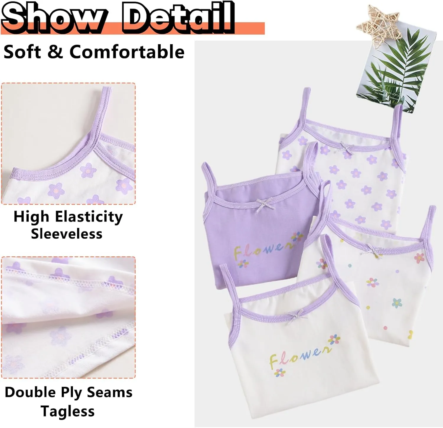 2-10 Years Little Girls Camisole Soft Tagless Cami Kids Breathable Undershirts Cotton Tank Top 5 Pack
