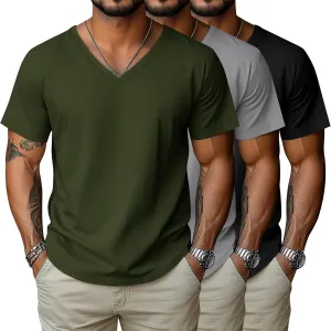 3 Pack Big and Tall Shirts for Men Soft Cotton V Neck Shirt Plus Size Short Sleeve Casual Athletic Tops(Black, Light Grey, Army Green,XX-Large)