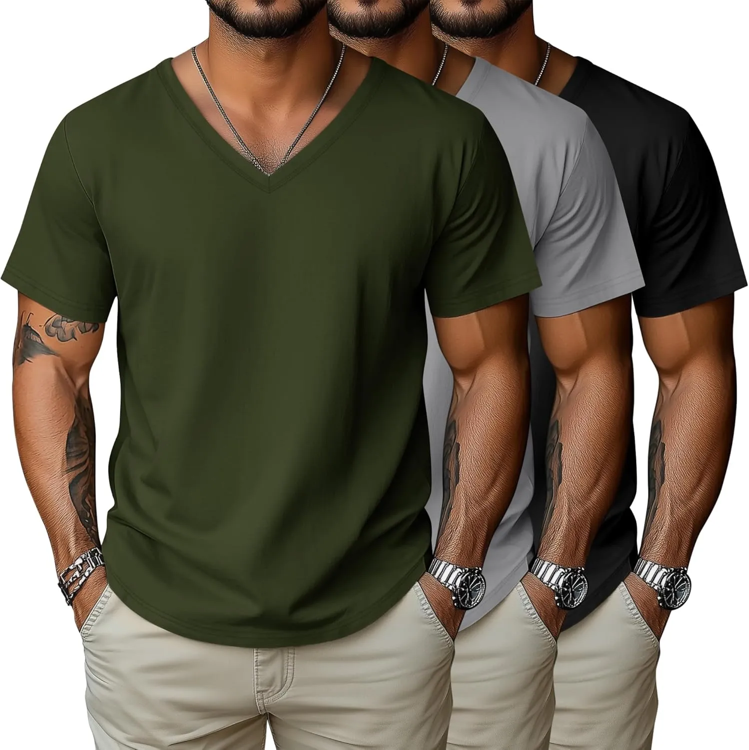 3 Pack Big and Tall Shirts for Men Soft Cotton V Neck Shirt Plus Size Short Sleeve Casual Athletic Tops(Black, Light Grey, Army Green,XX-Large)