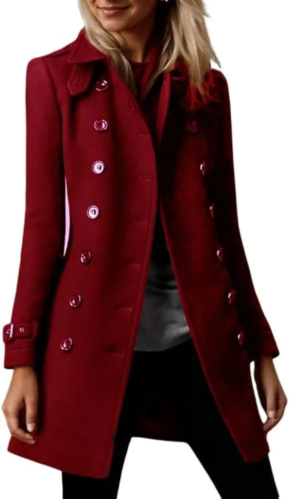 Akivide Women's Winter Warm Thicken Double Breasted Wool Blend Trench Peacoat 2024 Trendy Lapel Outerwear Coat with Pockets