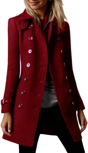 Akivide Women's Winter Warm Thicken Double Breasted Wool Blend Trench Peacoat 2024 Trendy Lapel Outerwear Coat with Pockets