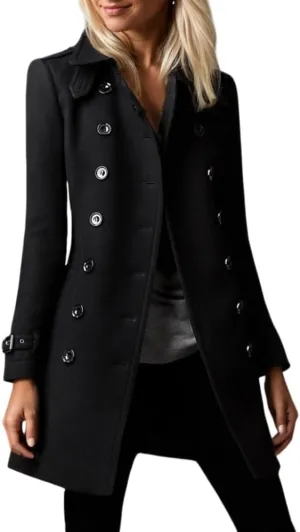 Akivide Women's Winter Warm Thicken Double Breasted Wool Blend Trench Peacoat 2024 Trendy Lapel Outerwear Coat with Pockets
