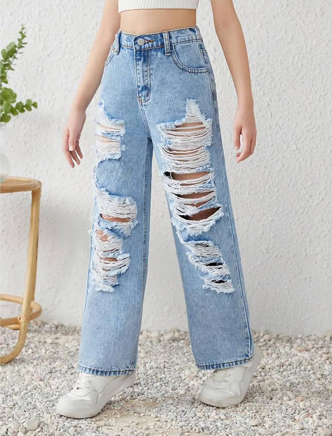 Baggy Jeans for Girls Wide Leg Ripped High Elastic Waisted Denim Pants Cute Summer Trousers Y2K Streetwear 7-14Y