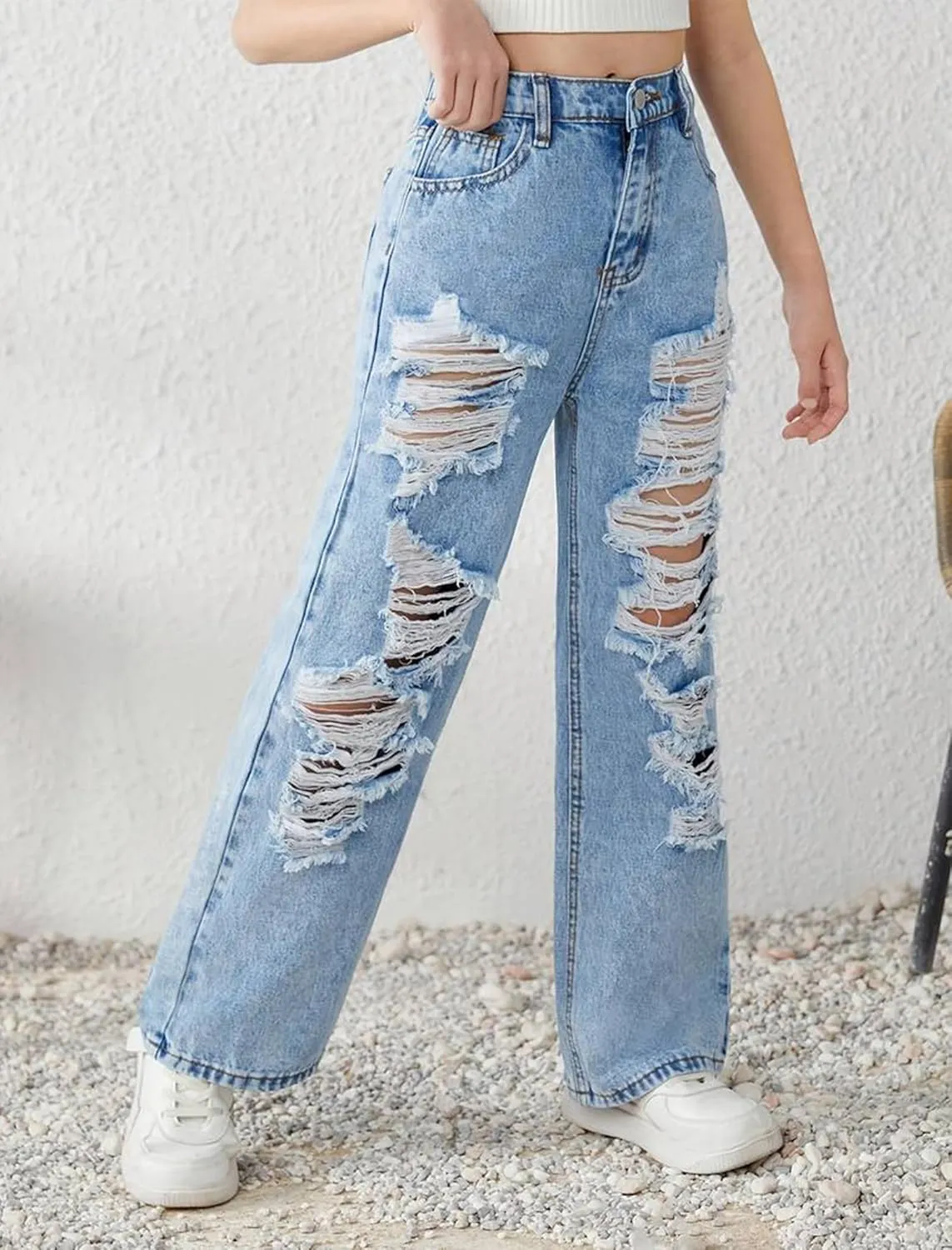 Baggy Jeans for Girls Wide Leg Ripped High Elastic Waisted Denim Pants Cute Summer Trousers Y2K Streetwear 7-14Y