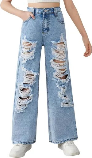 Baggy Jeans for Girls Wide Leg Ripped High Elastic Waisted Denim Pants Cute Summer Trousers Y2K Streetwear 7-14Y