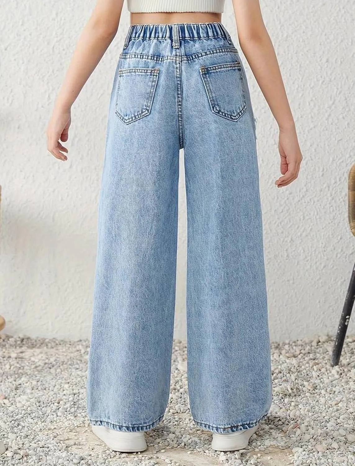 Baggy Jeans for Girls Wide Leg Ripped High Elastic Waisted Denim Pants Cute Summer Trousers Y2K Streetwear 7-14Y