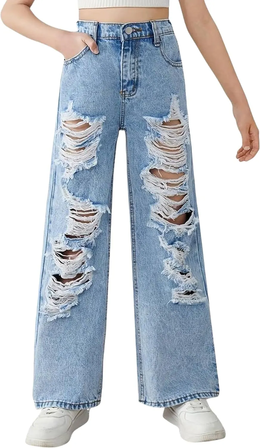 Baggy Jeans for Girls Wide Leg Ripped High Elastic Waisted Denim Pants Cute Summer Trousers Y2K Streetwear 7-14Y
