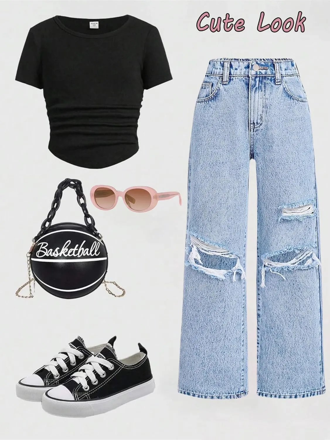 Baggy Jeans for Girls Wide Leg Ripped High Elastic Waisted Denim Pants Cute Summer Trousers Y2K Streetwear 7-14Y