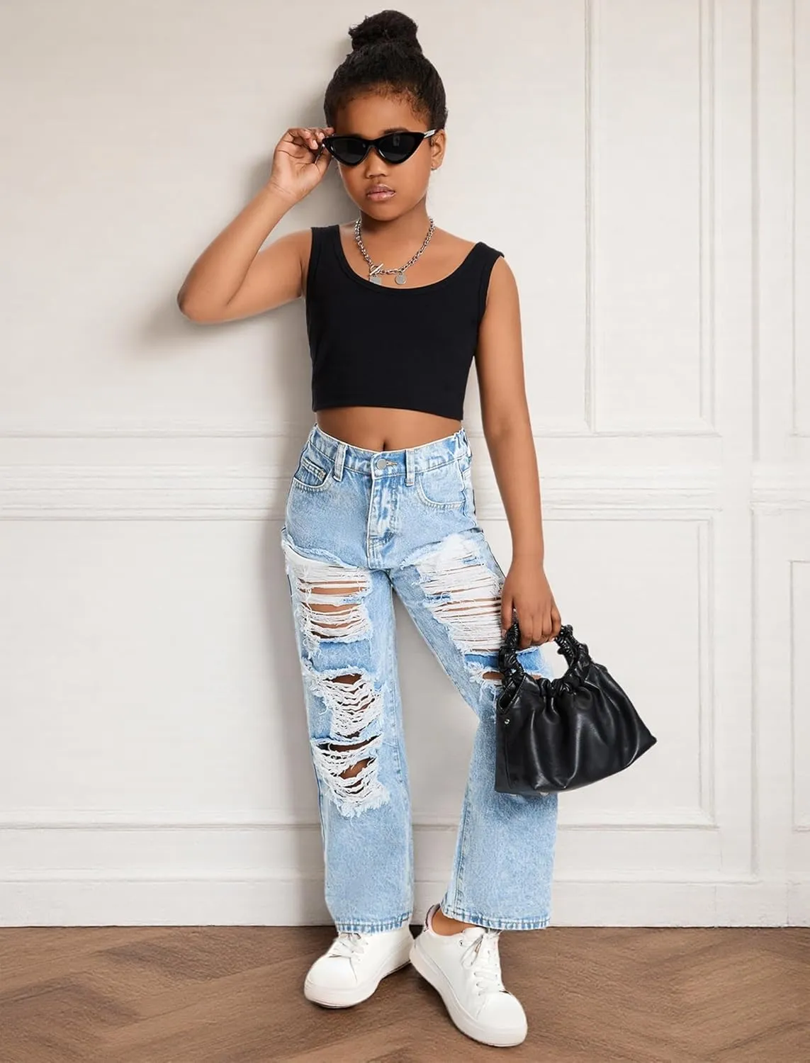 Baggy Jeans for Girls Wide Leg Ripped High Elastic Waisted Denim Pants Cute Summer Trousers Y2K Streetwear 7-14Y