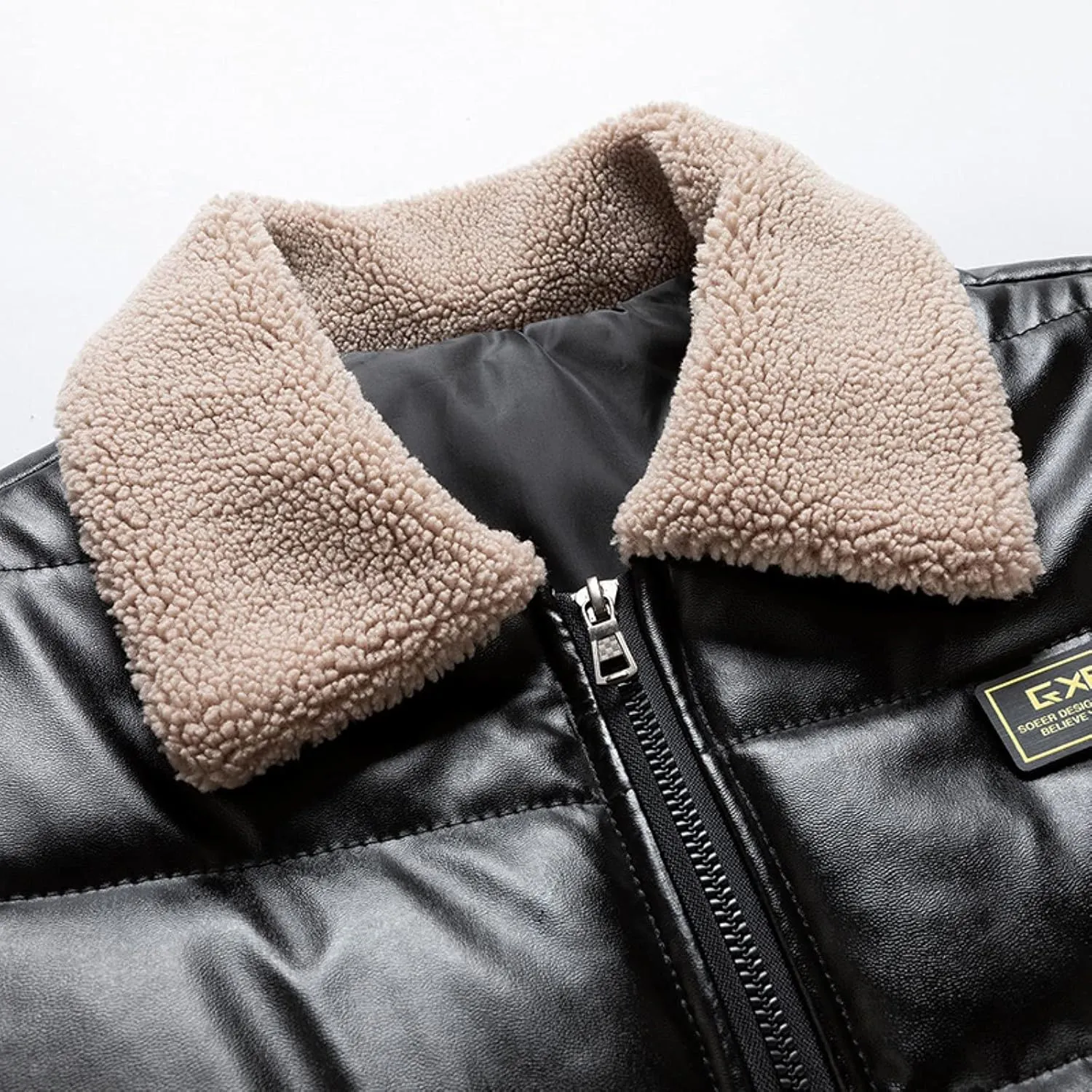 Black Leather Coat Men Padded Coat Casual Cotton Leather Men's Autumn Turn-down And Collar Handsome Winter