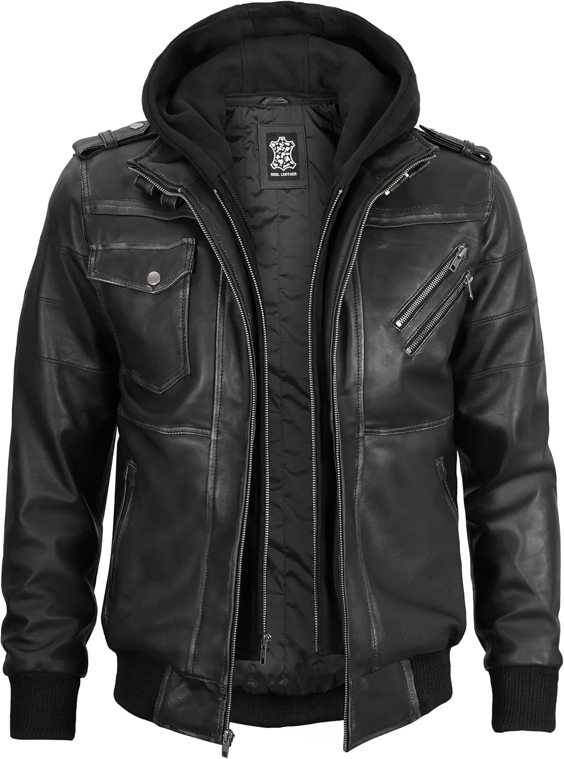 Blingsoul Leather Bomber Jackets For Men - Real Lambskin Mens Leather Jacket With Hood