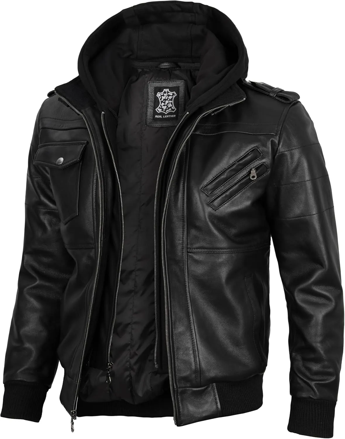 Blingsoul Leather Bomber Jackets For Men - Real Lambskin Mens Leather Jacket With Hood