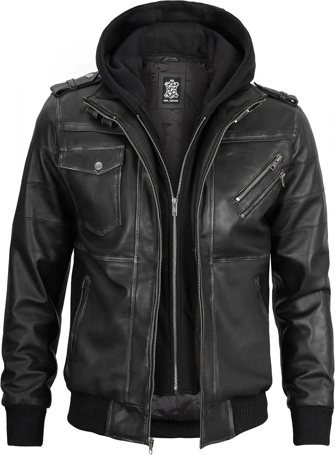 Blingsoul Leather Bomber Jackets For Men - Real Lambskin Mens Leather Jacket With Hood