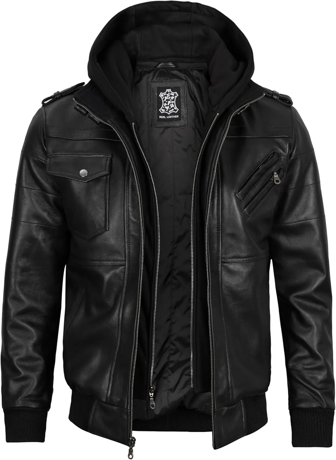 Blingsoul Leather Bomber Jackets For Men - Real Lambskin Mens Leather Jacket With Hood