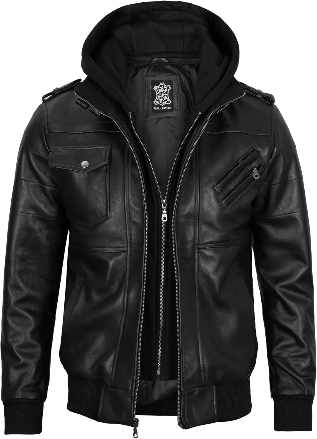 Blingsoul Leather Bomber Jackets For Men - Real Lambskin Mens Leather Jacket With Hood