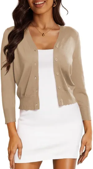 CPOKRTWSO Women's Cropped Cardigan 3/4 Sleeve Bolero Shrug for Dresses Lightweight Open Front Button Down Sweater