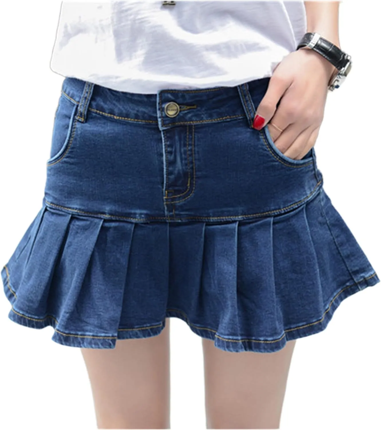 Dqbeng Women's A Line Denim Ruffle Skirt Y2K Pleated Mini Jean Skirts with Pockets