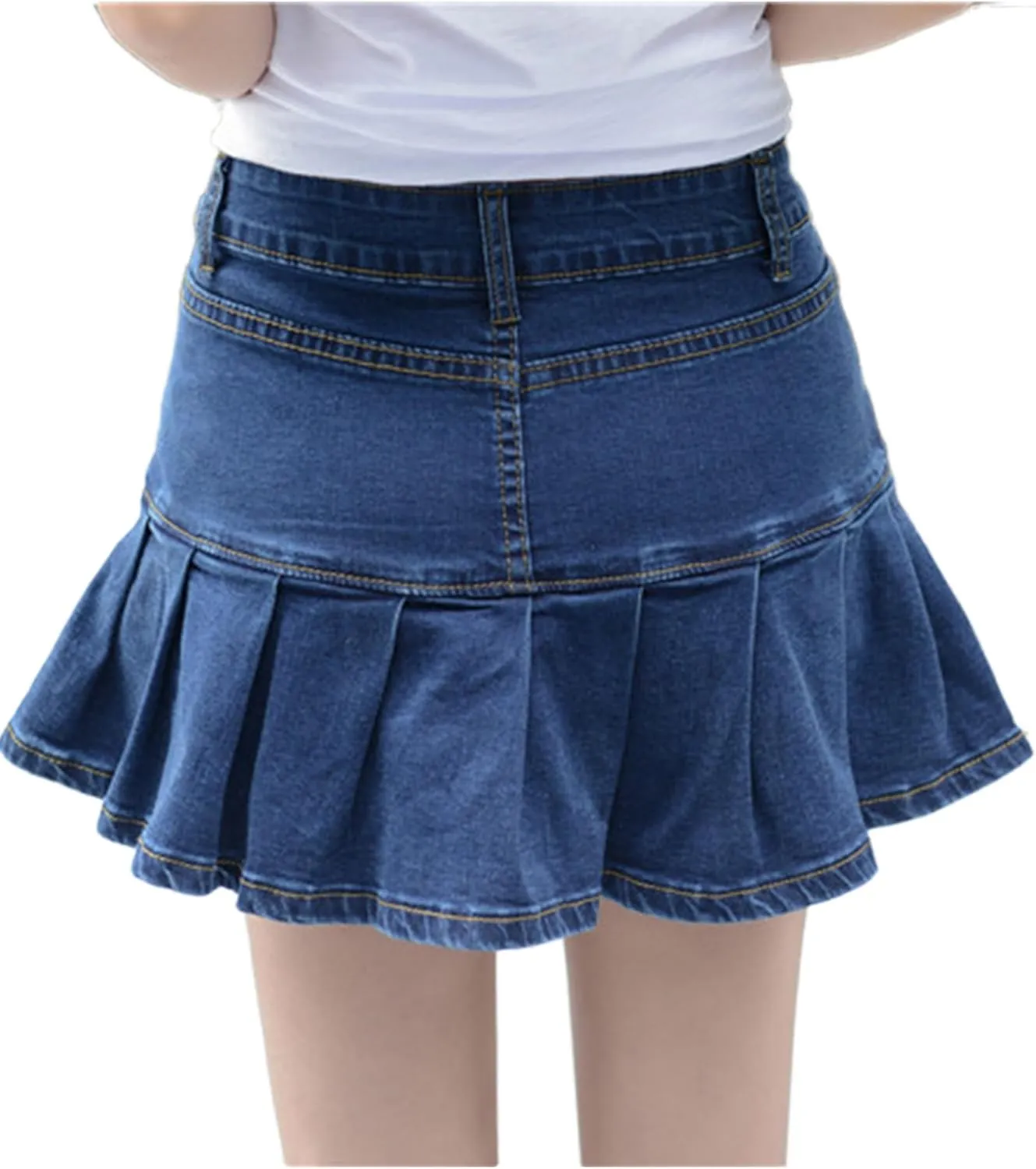 Dqbeng Women's A Line Denim Ruffle Skirt Y2K Pleated Mini Jean Skirts with Pockets