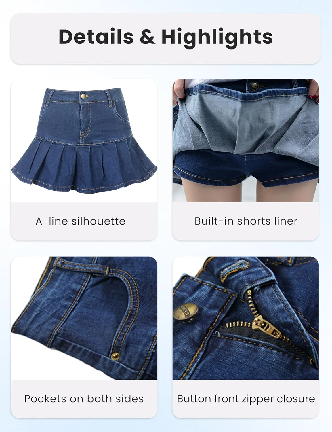 Dqbeng Women's A Line Denim Ruffle Skirt Y2K Pleated Mini Jean Skirts with Pockets