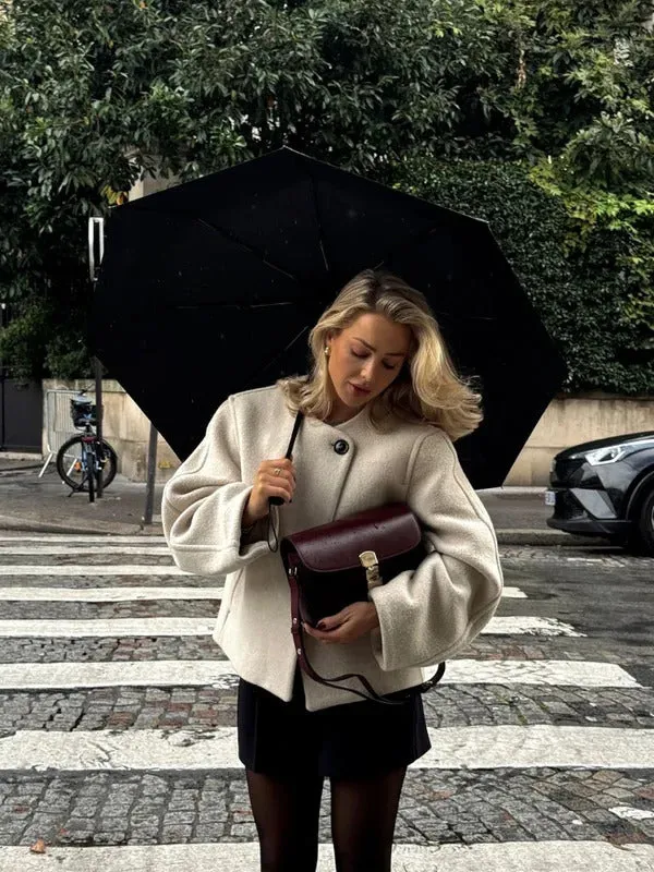 Elegant Single Button Woolen Short Coats Women Fashion O Neck Long Sleeve Loose Jackets Winter New Casual Commuting Streetwear