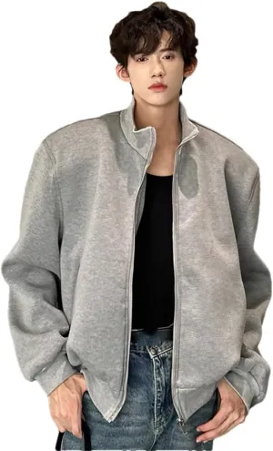 ERFMFKL Men's Stand Collar Cotton Jackets Casual Solid Shoulder Padded Zipper Short Coats Gray Asian Size L