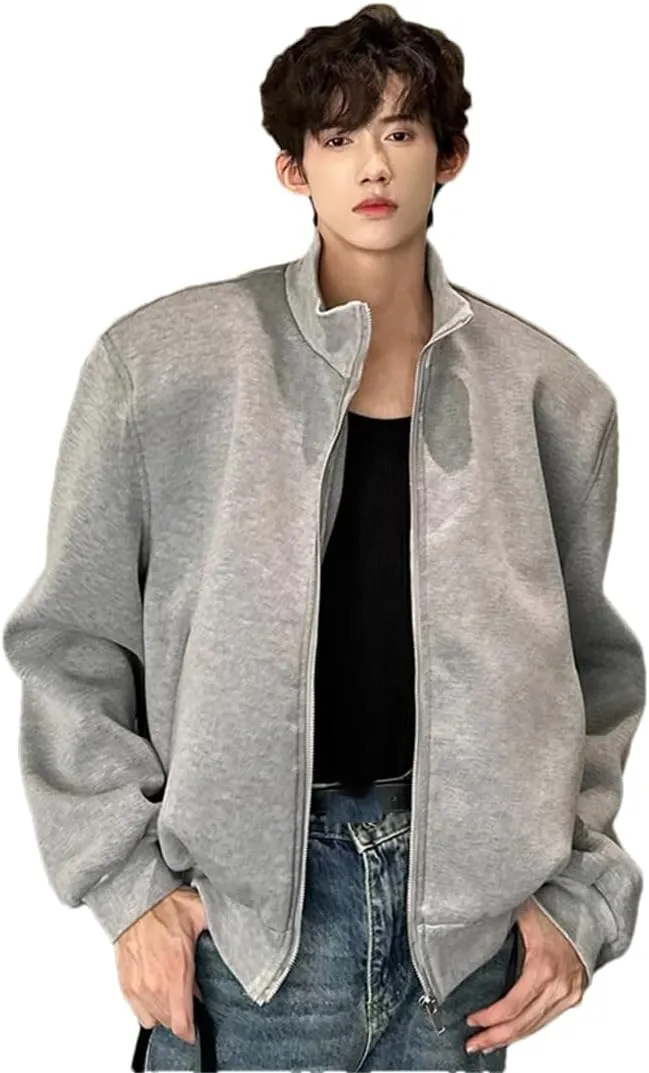 ERFMFKL Men's Stand Collar Cotton Jackets Casual Solid Shoulder Padded Zipper Short Coats Gray Asian Size L