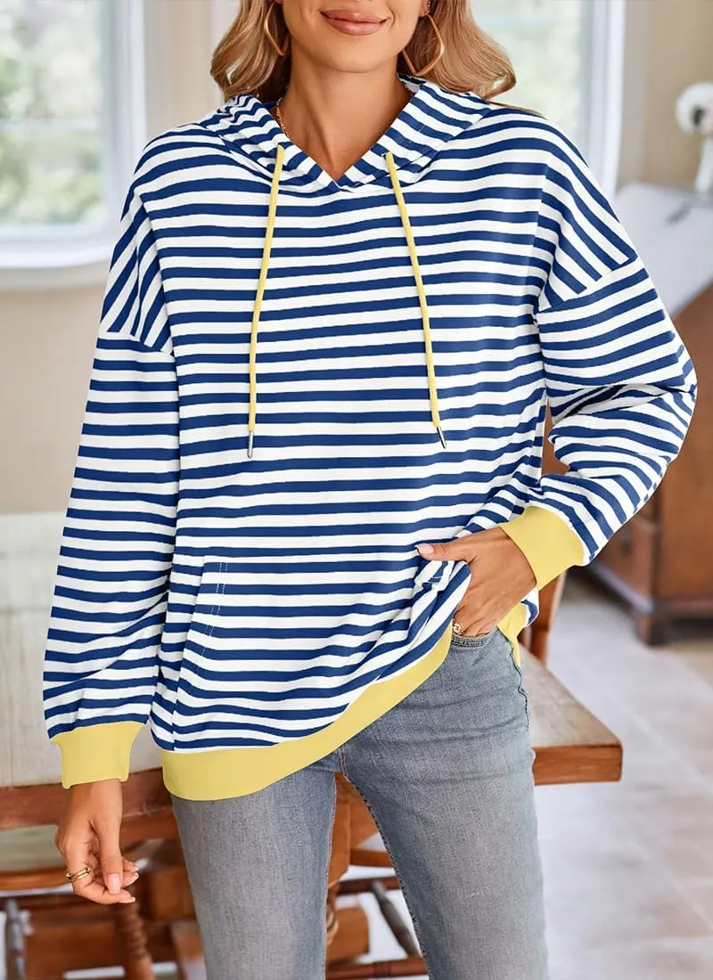 EUDOLAH Women Striped Hoodie Color Block Oversized Hoodies Long Sleeve Hooded Neck Fashion Top Casual Loose Y2K Clothing