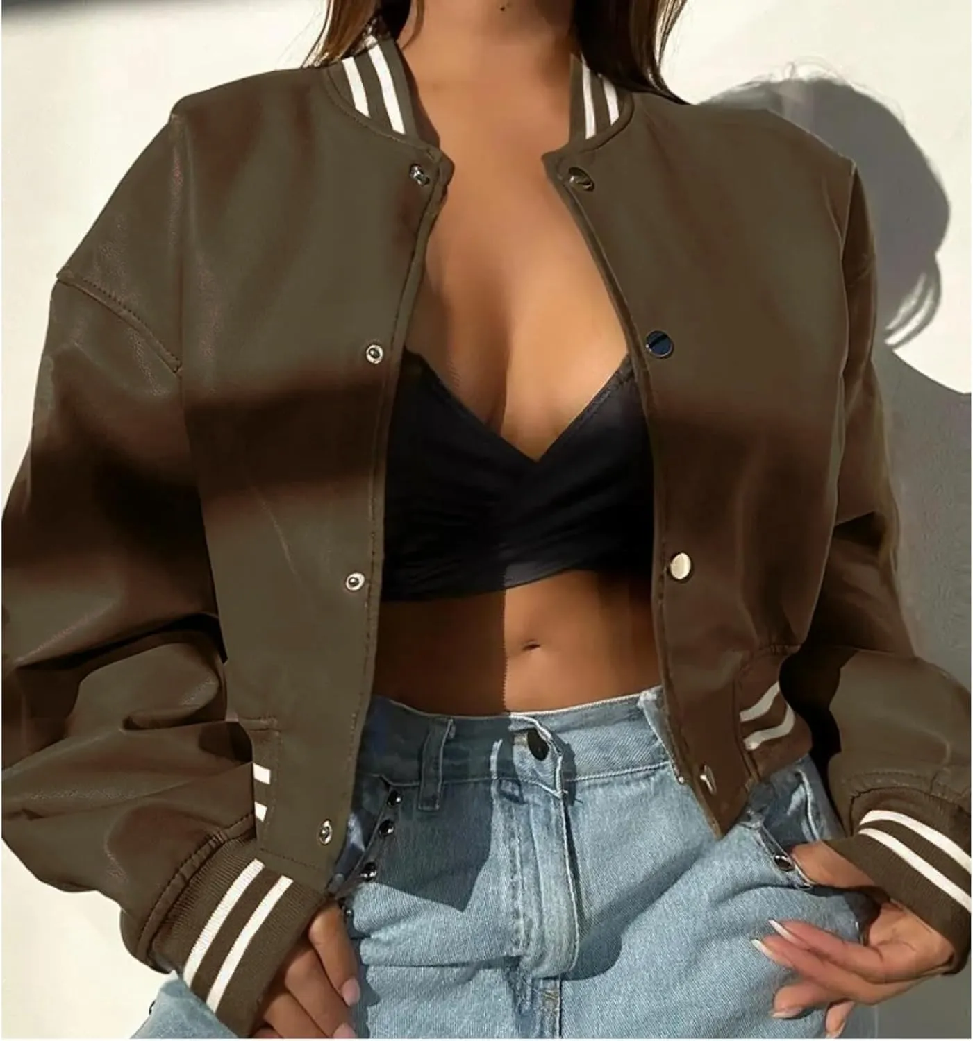 Faux Leather Jacket Women Varsity Jacket Cropped Motorcycle Moto Bomber Baseball Jackets Y2K Streetwear