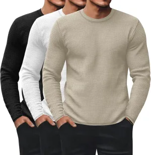 Ficerd 3 Pack Men's Waffle Long Sleeve Shirts, Crew Neck Thermal Underwear Tops Casual Pullover Sweaters Knit Undershirts(Black, White, Light Khaki,M)