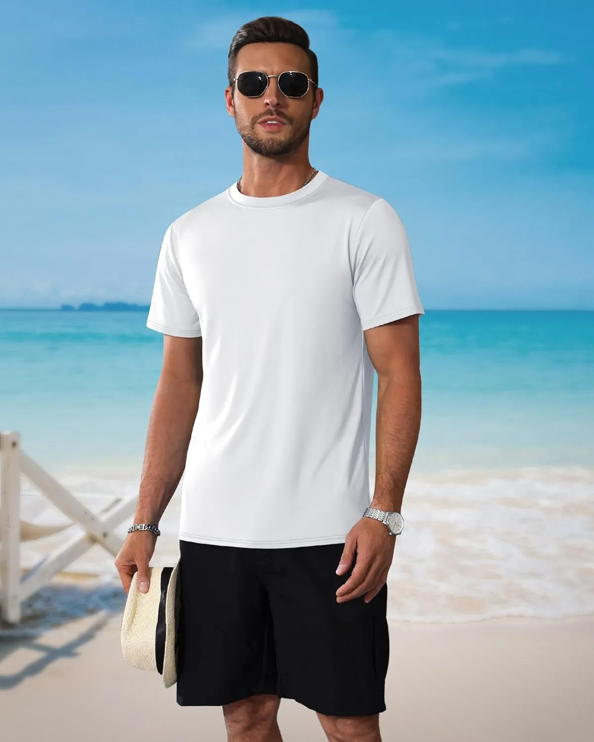 Ficerd 3 Pack Swim Shirts for Men Short Sleeve Quick Dry Shirts Crew Neck Rash Guard UV Athletic Lightweight Basics Tees