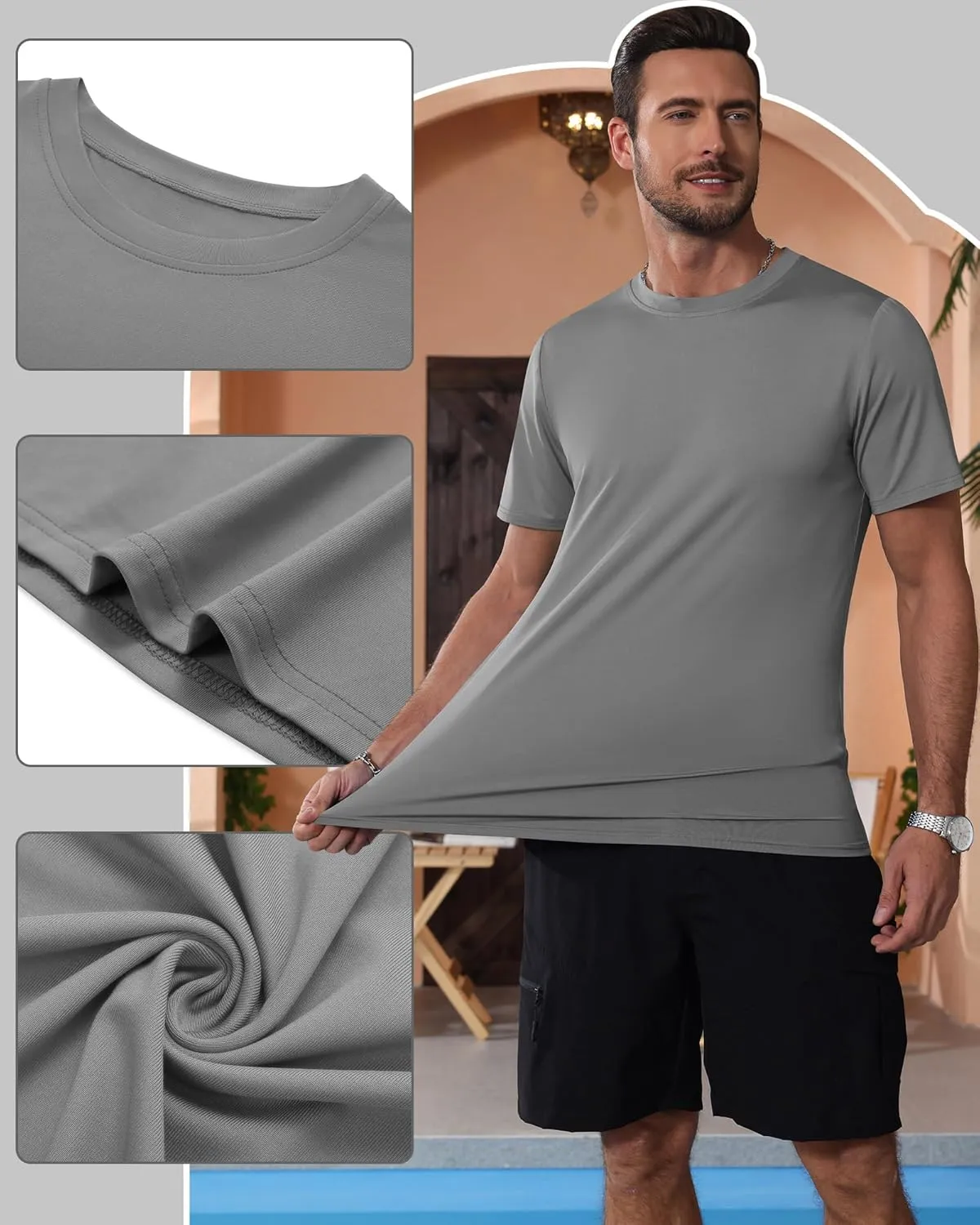 Ficerd 3 Pack Swim Shirts for Men Short Sleeve Quick Dry Shirts Crew Neck Rash Guard UV Athletic Lightweight Basics Tees