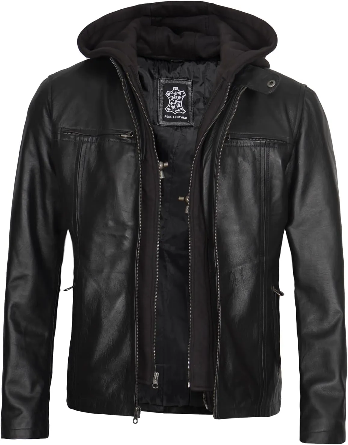 fjackets Real Lambskin Mens Leather Jackets With Detachable Hood  Quilted Cafe Racer Zip Up Moto Style Leather Jacket Men
