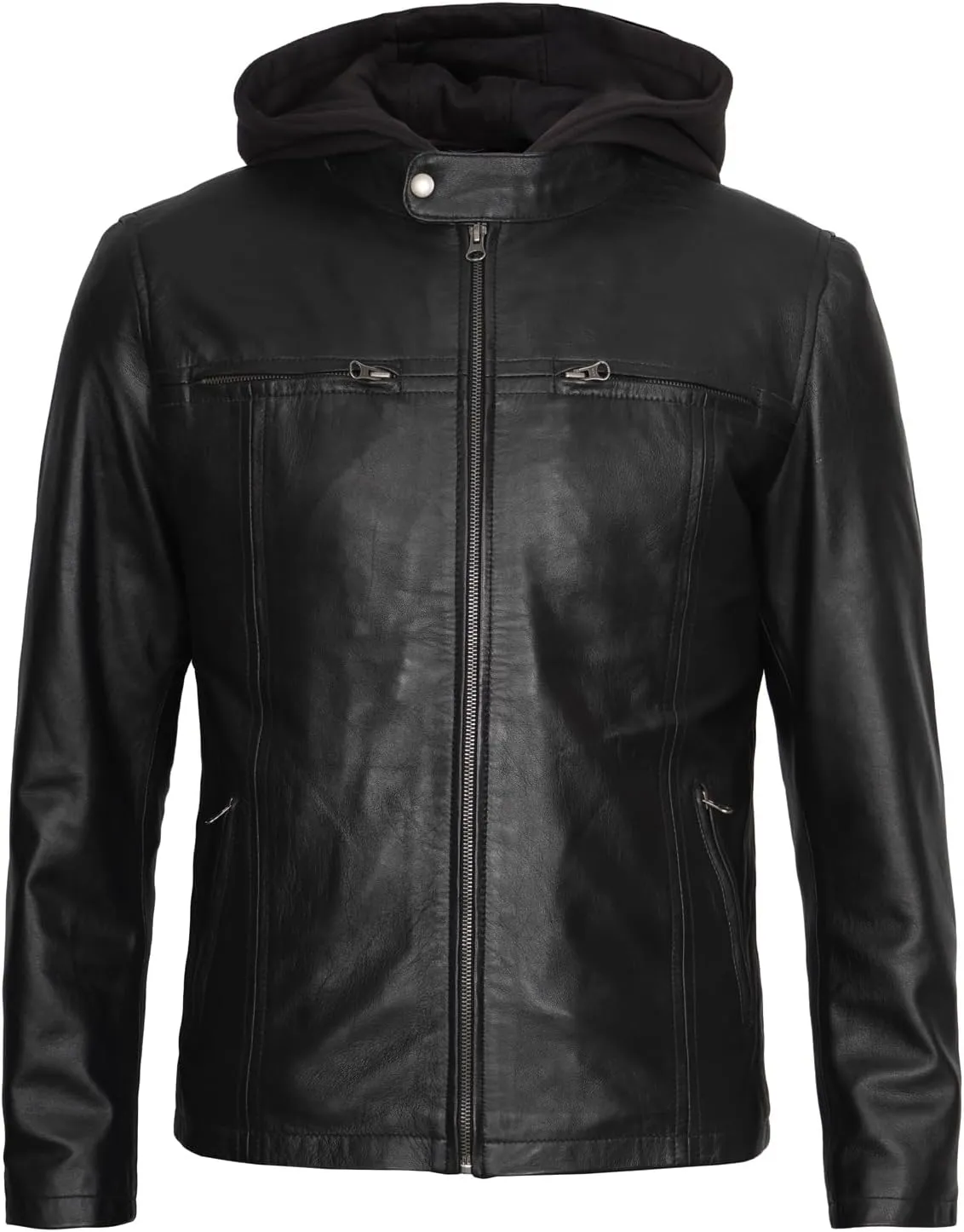 fjackets Real Lambskin Mens Leather Jackets With Detachable Hood  Quilted Cafe Racer Zip Up Moto Style Leather Jacket Men