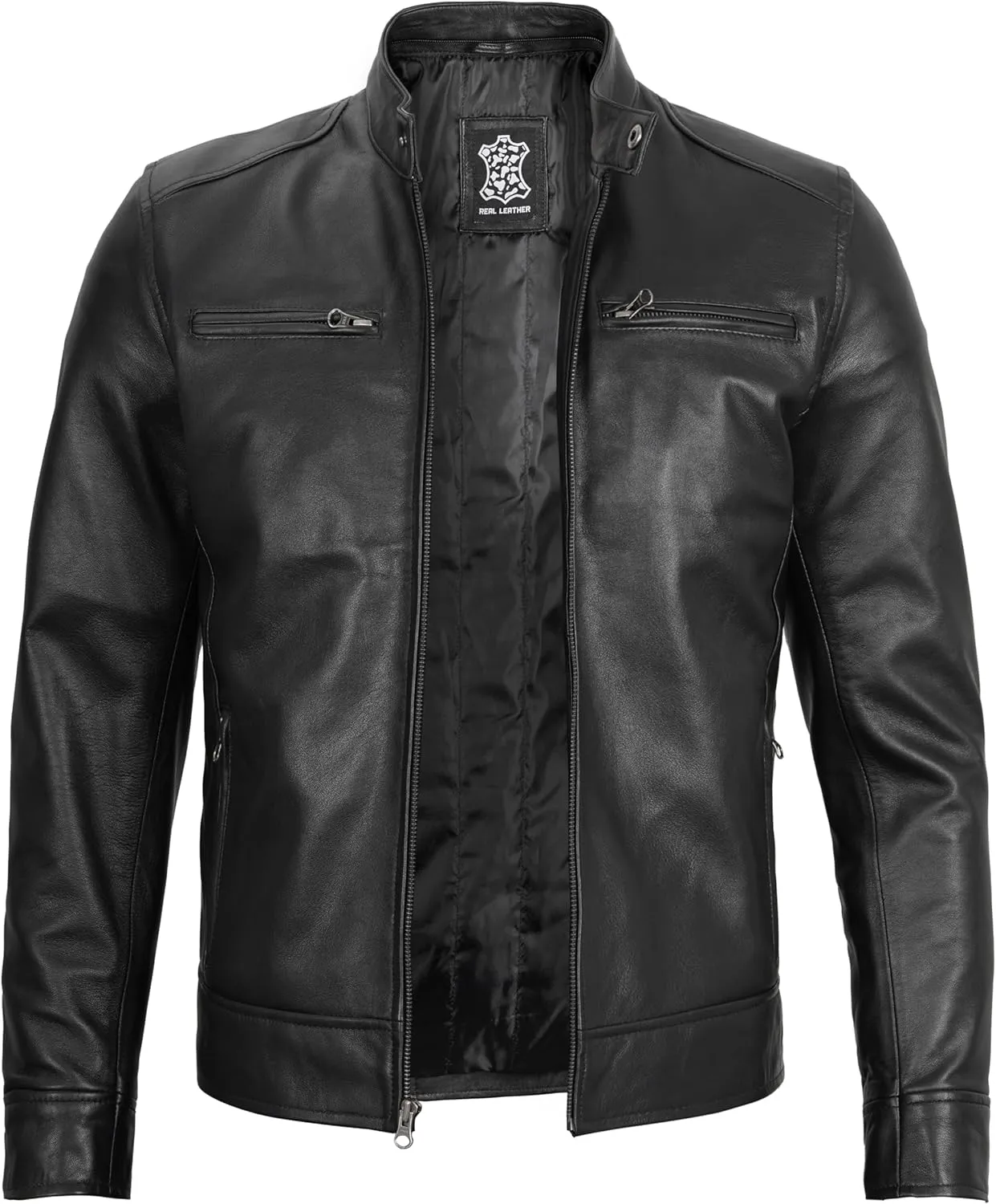 fjackets Real Lambskin Mens Leather Jackets With Detachable Hood  Quilted Cafe Racer Zip Up Moto Style Leather Jacket Men