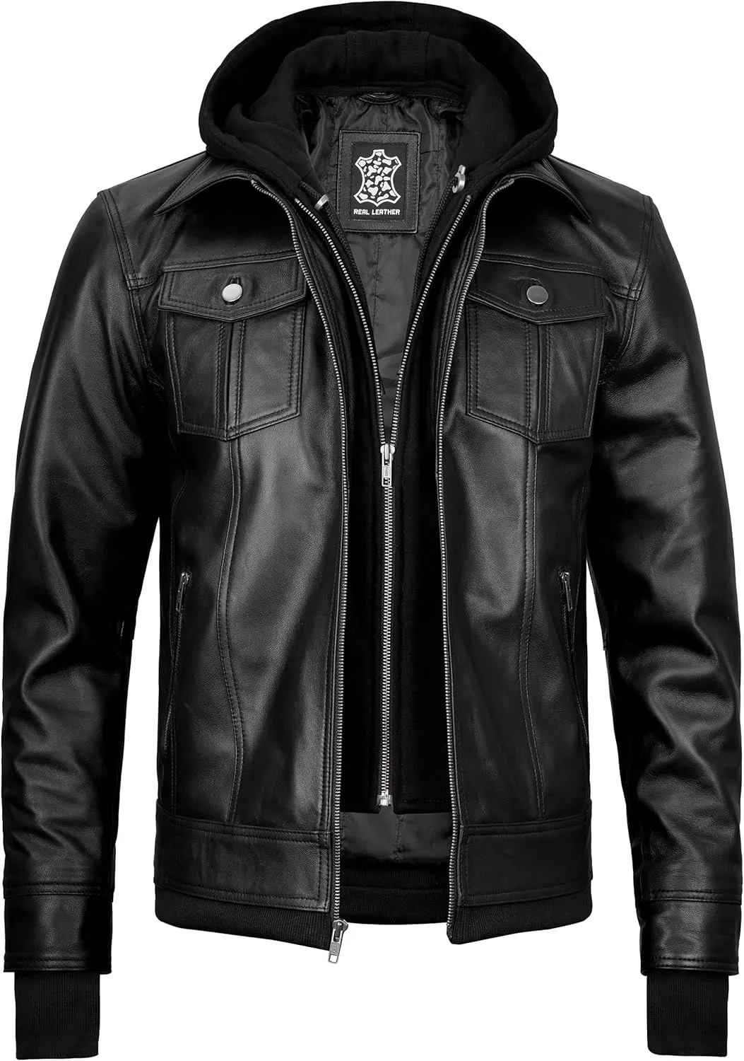 fjackets Real Lambskin Mens Leather Jackets With Detachable Hood  Quilted Cafe Racer Zip Up Moto Style Leather Jacket Men