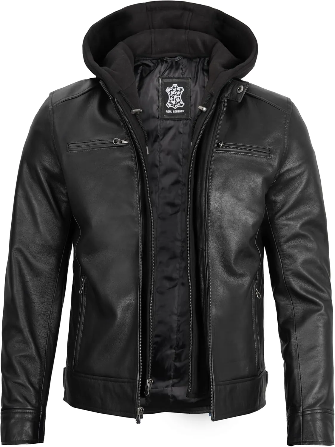 fjackets Real Lambskin Mens Leather Jackets With Detachable Hood  Quilted Cafe Racer Zip Up Moto Style Leather Jacket Men
