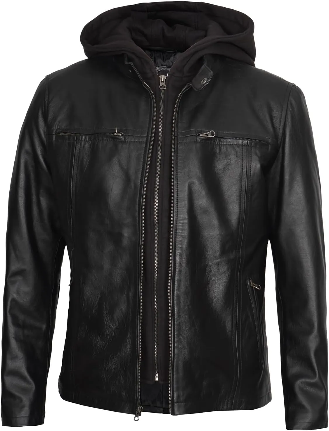 fjackets Real Lambskin Mens Leather Jackets With Detachable Hood  Quilted Cafe Racer Zip Up Moto Style Leather Jacket Men