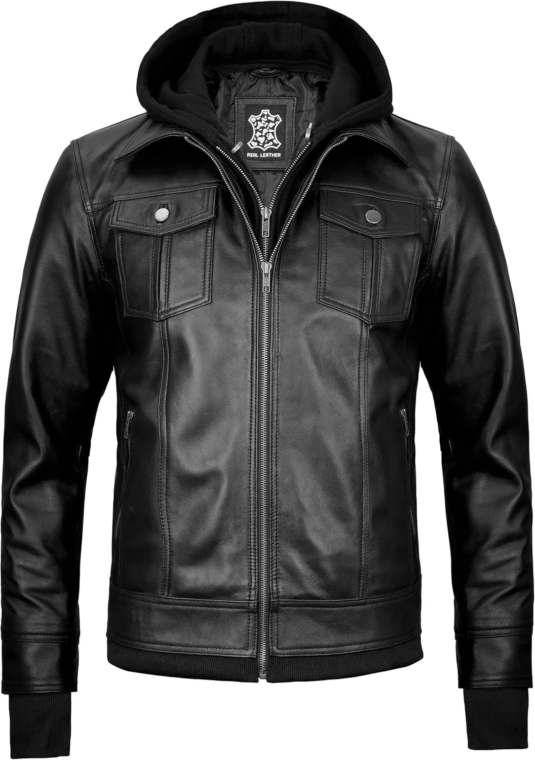 fjackets Real Lambskin Mens Leather Jackets With Detachable Hood  Quilted Cafe Racer Zip Up Moto Style Leather Jacket Men
