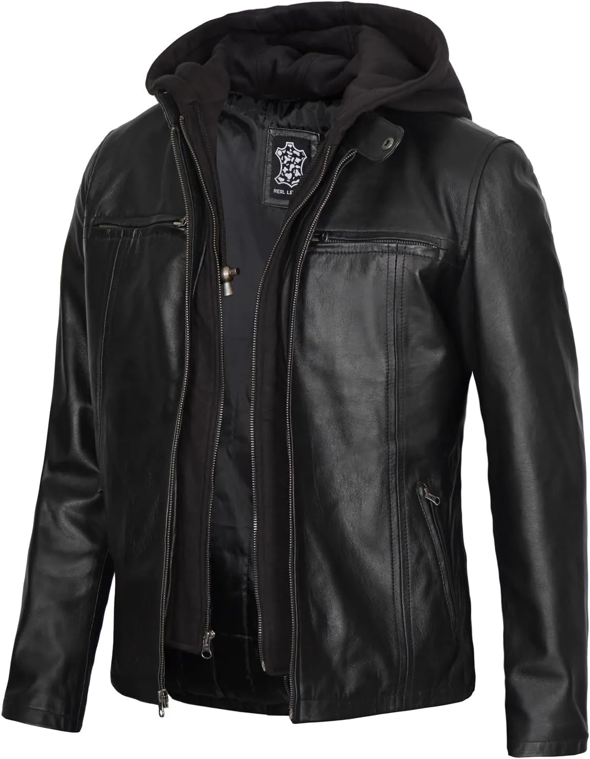 fjackets Real Lambskin Mens Leather Jackets With Detachable Hood  Quilted Cafe Racer Zip Up Moto Style Leather Jacket Men