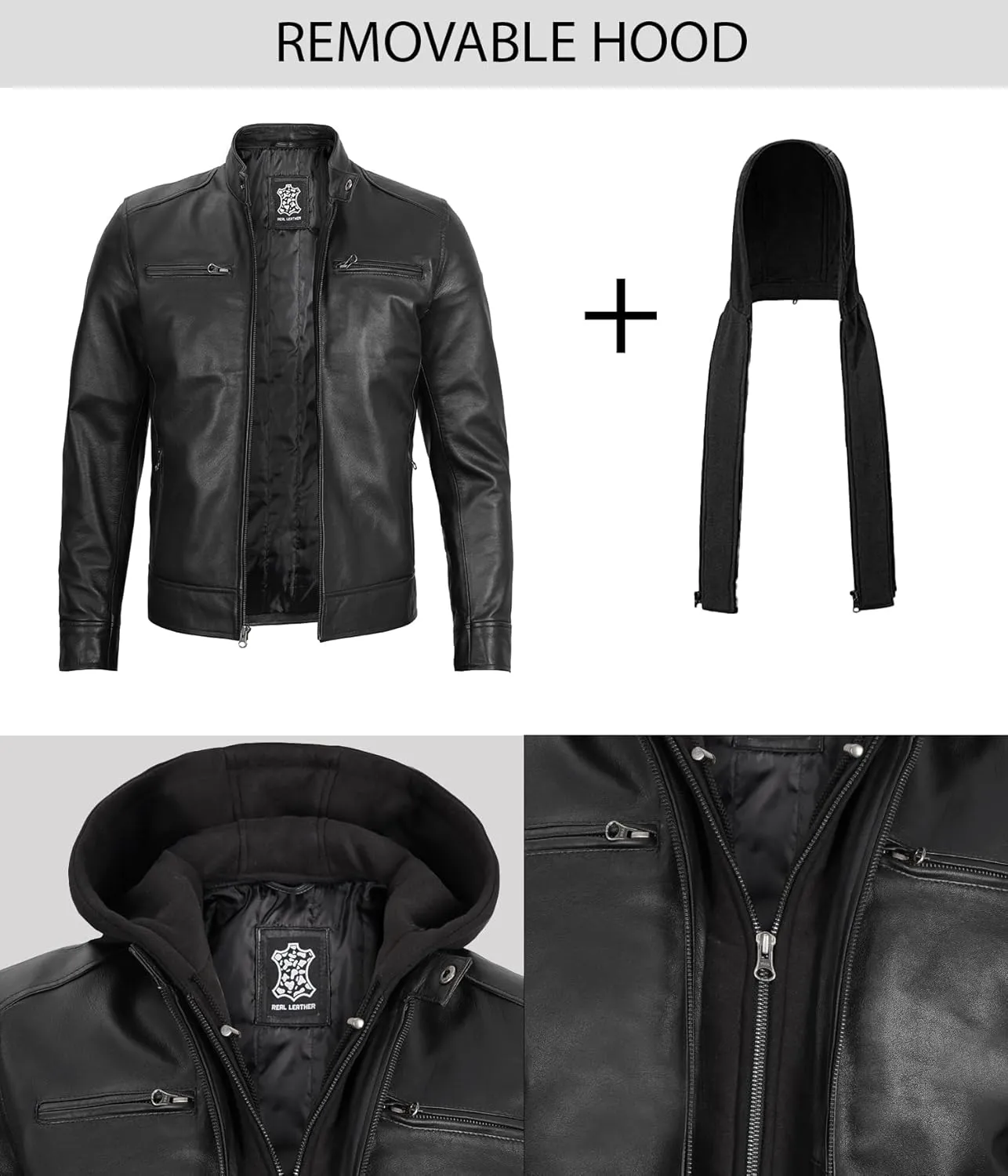 fjackets Real Lambskin Mens Leather Jackets With Detachable Hood  Quilted Cafe Racer Zip Up Moto Style Leather Jacket Men