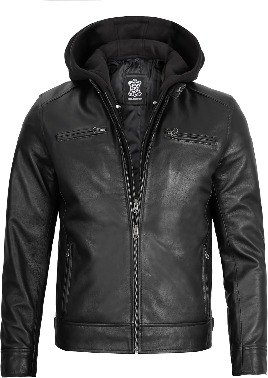 fjackets Real Lambskin Mens Leather Jackets With Detachable Hood  Quilted Cafe Racer Zip Up Moto Style Leather Jacket Men