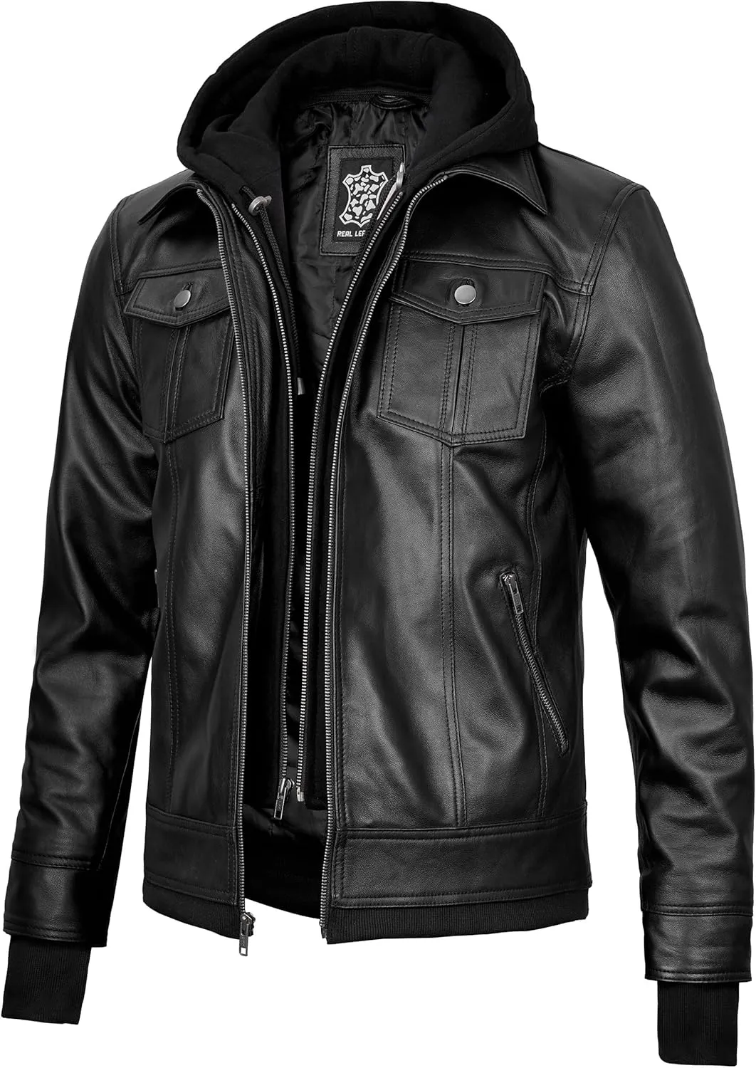 fjackets Real Lambskin Mens Leather Jackets With Detachable Hood  Quilted Cafe Racer Zip Up Moto Style Leather Jacket Men