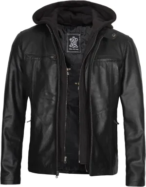 fjackets Real Lambskin Mens Leather Jackets With Detachable Hood  Quilted Cafe Racer Zip Up Moto Style Leather Jacket Men