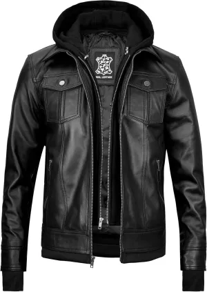 fjackets Real Lambskin Mens Leather Jackets With Detachable Hood  Quilted Cafe Racer Zip Up Moto Style Leather Jacket Men