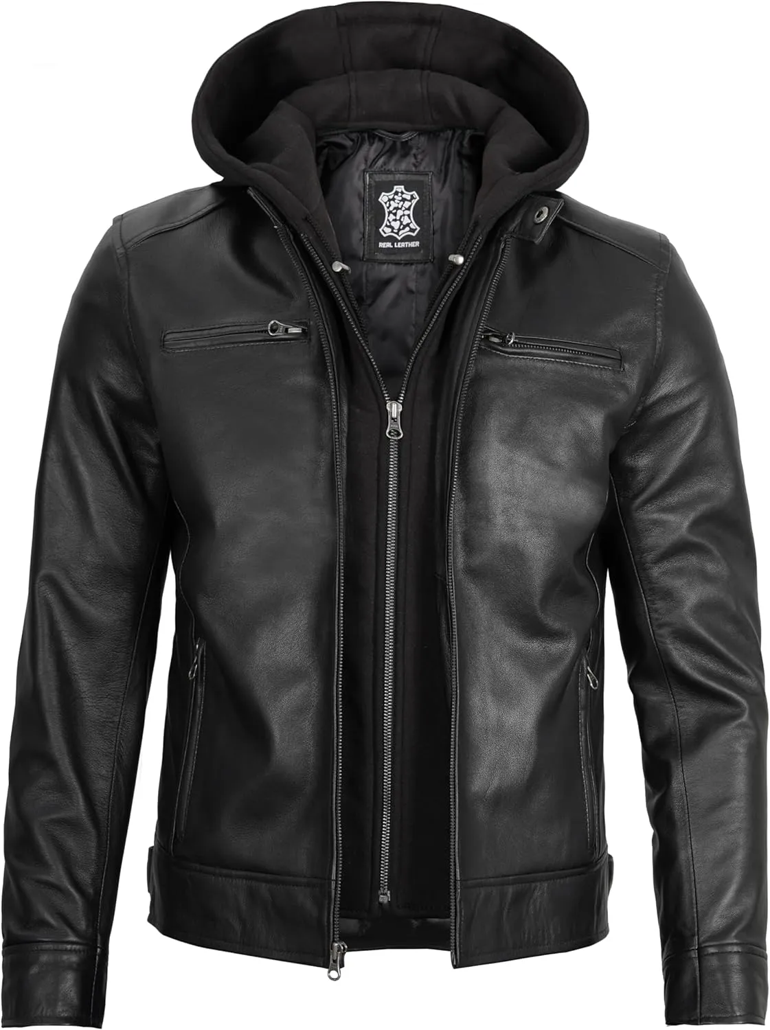 fjackets Real Lambskin Mens Leather Jackets With Detachable Hood  Quilted Cafe Racer Zip Up Moto Style Leather Jacket Men