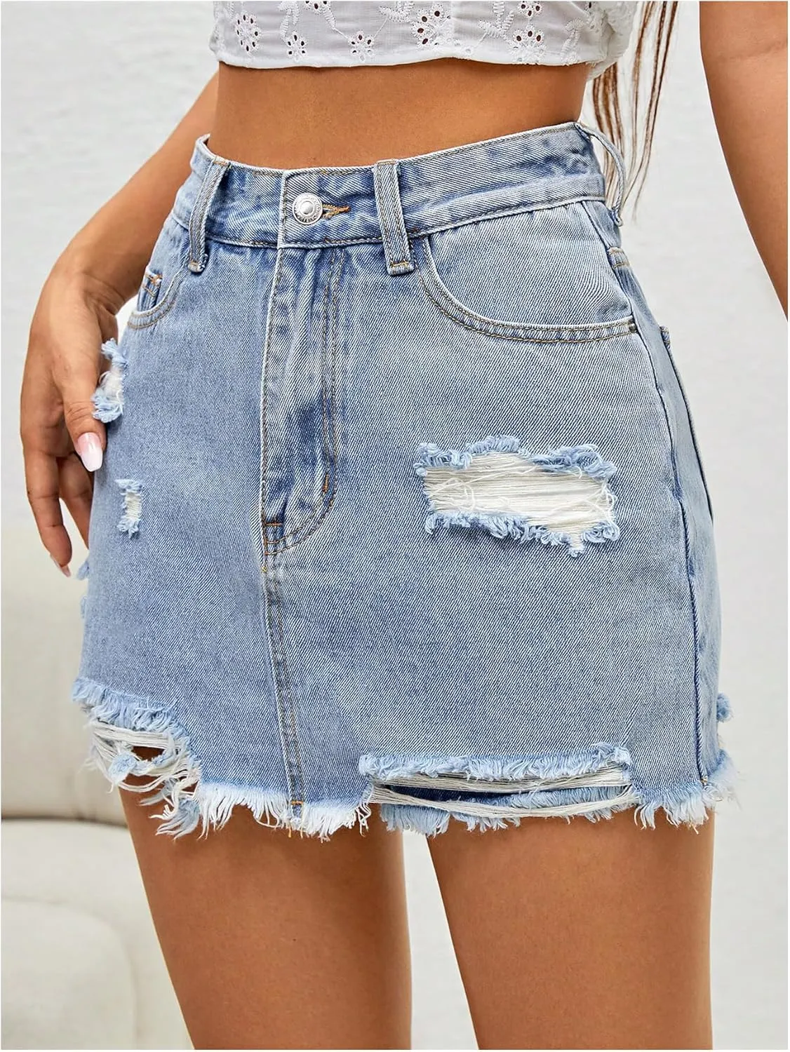 Floerns Women's High Waist Distressed Denim Skort Raw Hem Casual Jean Shorts Skirt