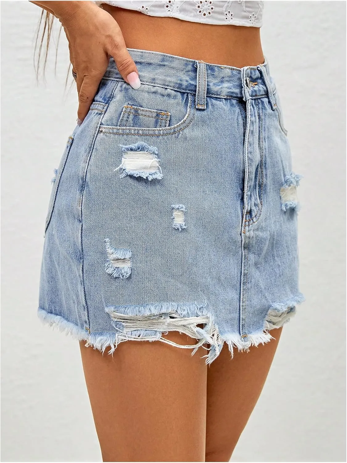 Floerns Women's High Waist Distressed Denim Skort Raw Hem Casual Jean Shorts Skirt