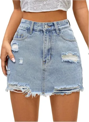 Floerns Women's High Waist Distressed Denim Skort Raw Hem Casual Jean Shorts Skirt