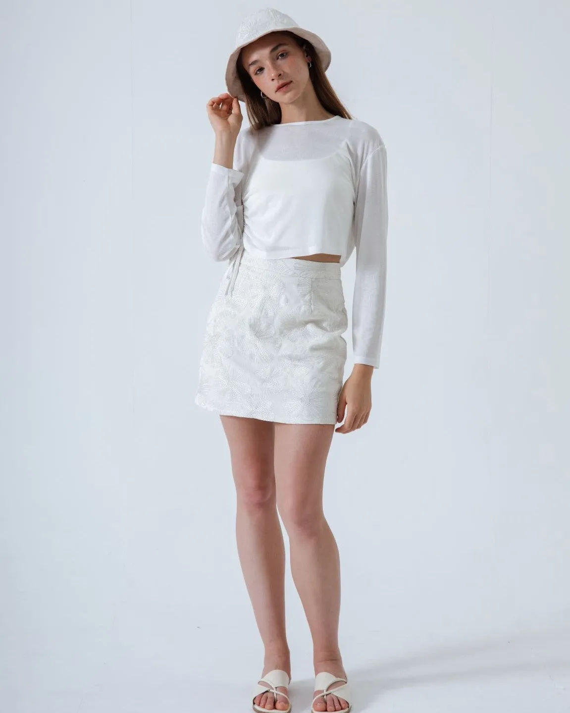 Floral Embroidered A-Line Skirt (Beige)